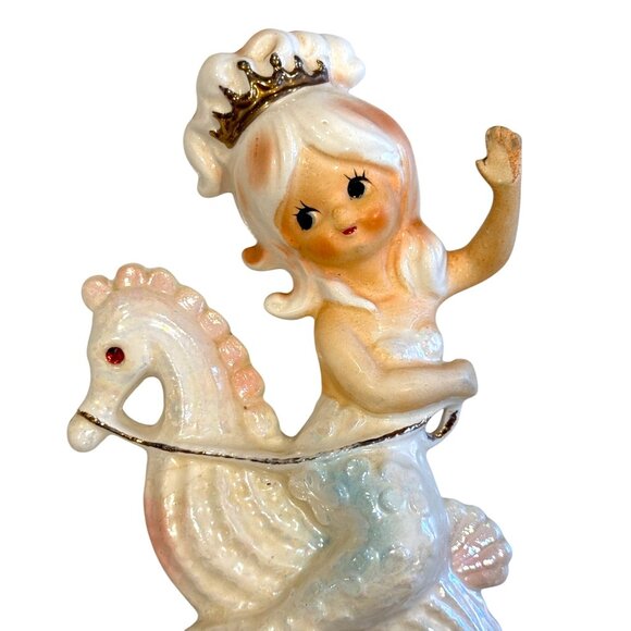 Vintage Lefton Mermaid Riding Seahorse Wall Plaque Figurine Ceramic Rhinestone - Picture 2 of 12